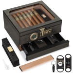 Tesonway Cigar Humidor,Cedar Wood Humidor Cigar Box,Glass Top Desktop Humidor with Digital Thermo-Hygrometer, Humidifier, Divider, Accessories Drawer and Combination Lock,Cigar Gift for Men
