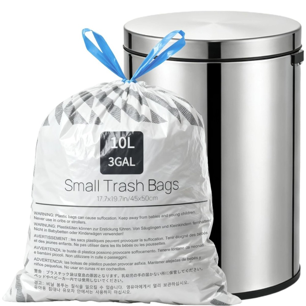 XUXRUS 2.6 Gallon Trash Bags with Drawstring, 50 Count Printed Small Garbage Bags, Tear-Resistant & Leak-Proof Bin Liners, Odor Control, Safety Warning for Bathroom, Office