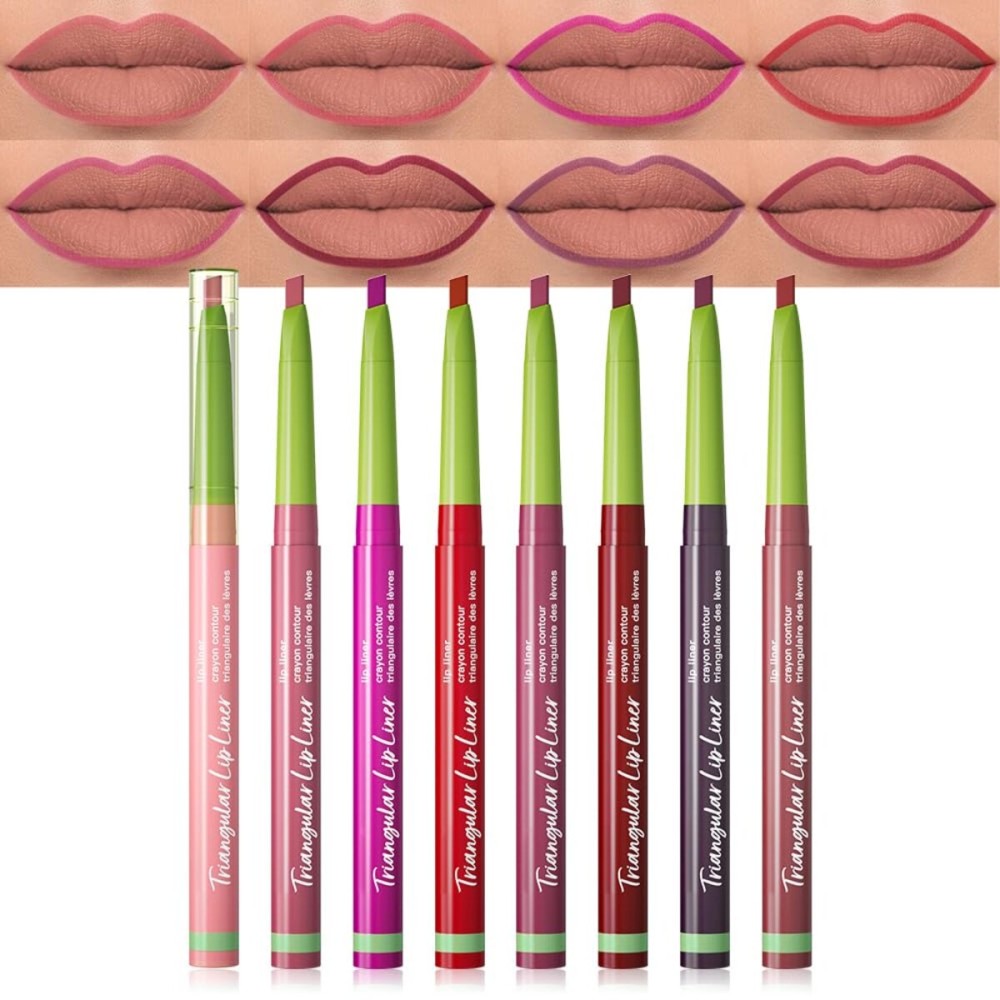 evpct 8Pcs Triangle Lip Liner Pencil Pack for Women, Retractable Lips Liners Pen Triangle Tip for Sculpting & Filling & Plumping, Longwear Lipliners Pencil, Vegan Cruelty Free Lip Filler Plumper Set