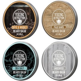 Viking Revolution 4 Beard Balm Variety Pack (1oz Each) - Coffee & Whiskey, Palo Santo, Sea Salt and Unscented - Styles, Strengthens & Softens Beards & Mustaches - Leave-In Conditioner Wax for Men
