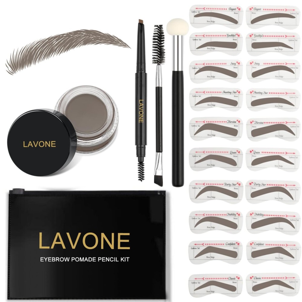 LAVONE Eyebrow Stamp Stencil Kit for Eyebrow, Brow Stamp Trio Kit with Waterproof Eyebrow Pencil, Eyebrow Pomade,20 Eyebrow Stencils,Dual-ended Eyebrow Brush and Sponge Applicator - Grey