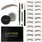 LAVONE Eyebrow Stamp Stencil Kit for Eyebrow, Brow Stamp Trio Kit with Waterproof Eyebrow Pencil, Eyebrow Pomade,20 Eyebrow Stencils,Dual-ended Eyebrow Brush and Sponge Applicator - Grey