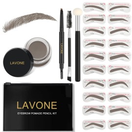 LAVONE Eyebrow Stamp Stencil Kit for Eyebrow, Brow Stamp Trio Kit with Waterproof Eyebrow Pencil, Eyebrow Pomade,20 Eyebrow Stencils,Dual-ended Eyebrow Brush and Sponge Applicator - Grey