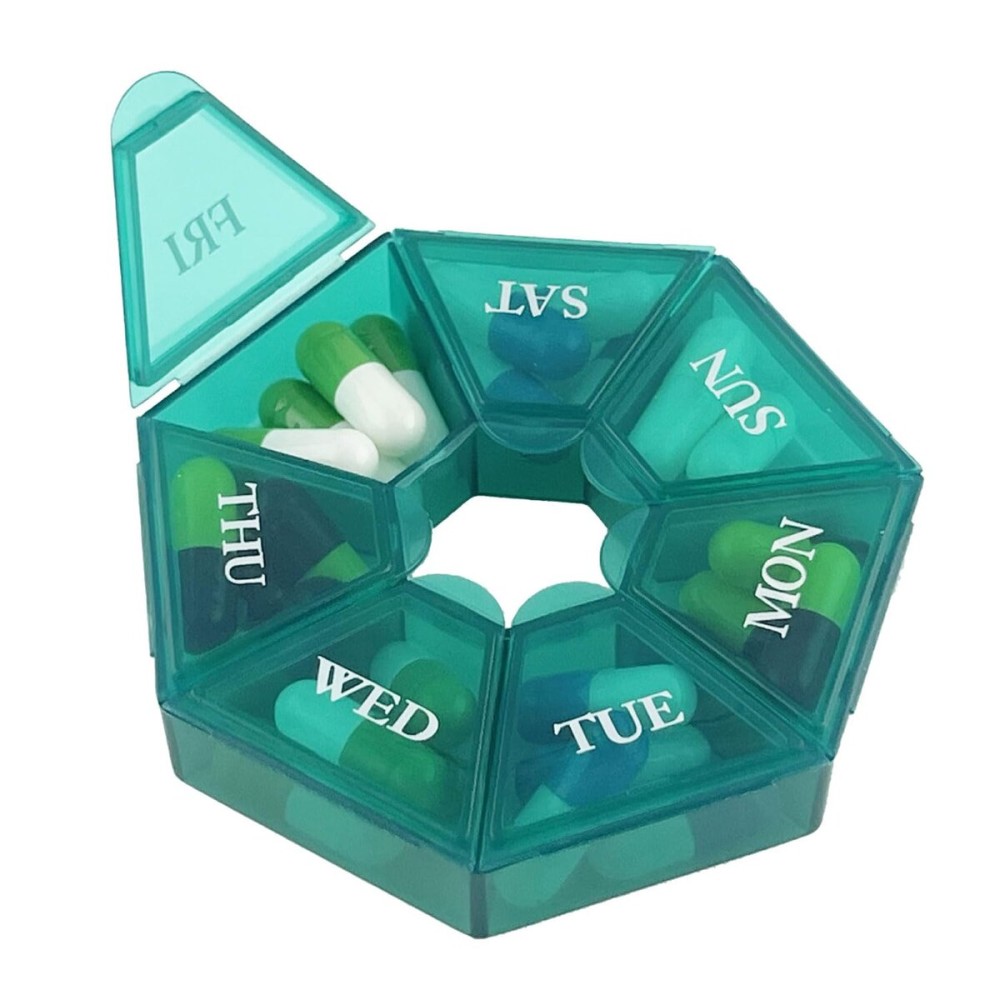 Deke Home - Small Weekly Pill Organizer, Round Pill Dispenser for Travel, Mini Pill Organizer, Compact Medicine Holder, Pill Sorters 7 Days, Portable Vitamin Container, BPA Free (Food Grade)