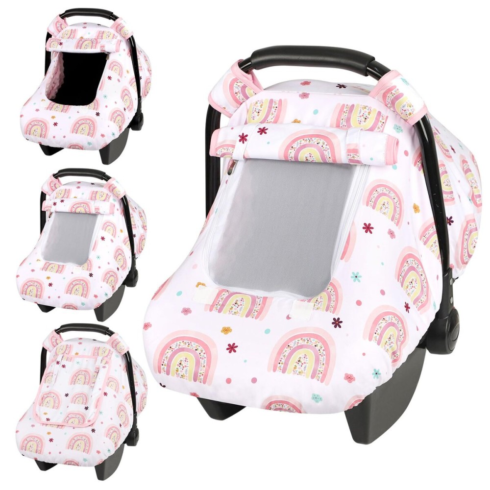 Pea Pod Car Seat Cover Baby, Infant Car Seat Canopy Covers with 2 Layers Windows of Breathable Mesh Fabric, Lightweight Polyester, Soft Minky Dot Backing (Rainbow & Floral Pattern)