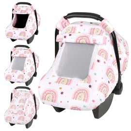Pea Pod Car Seat Cover Baby, Infant Car Seat Canopy Covers with 2 Layers Windows of Breathable Mesh Fabric, Lightweight Polyester, Soft Minky Dot Backing (Rainbow & Floral Pattern)
