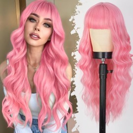 Lativ Pink Wig With Bangs Long Wavy Curly Wigs for Women Synthetic Natural Hair Heat Resistant Cosplay Halloween Costumes Party Use 26 Inches