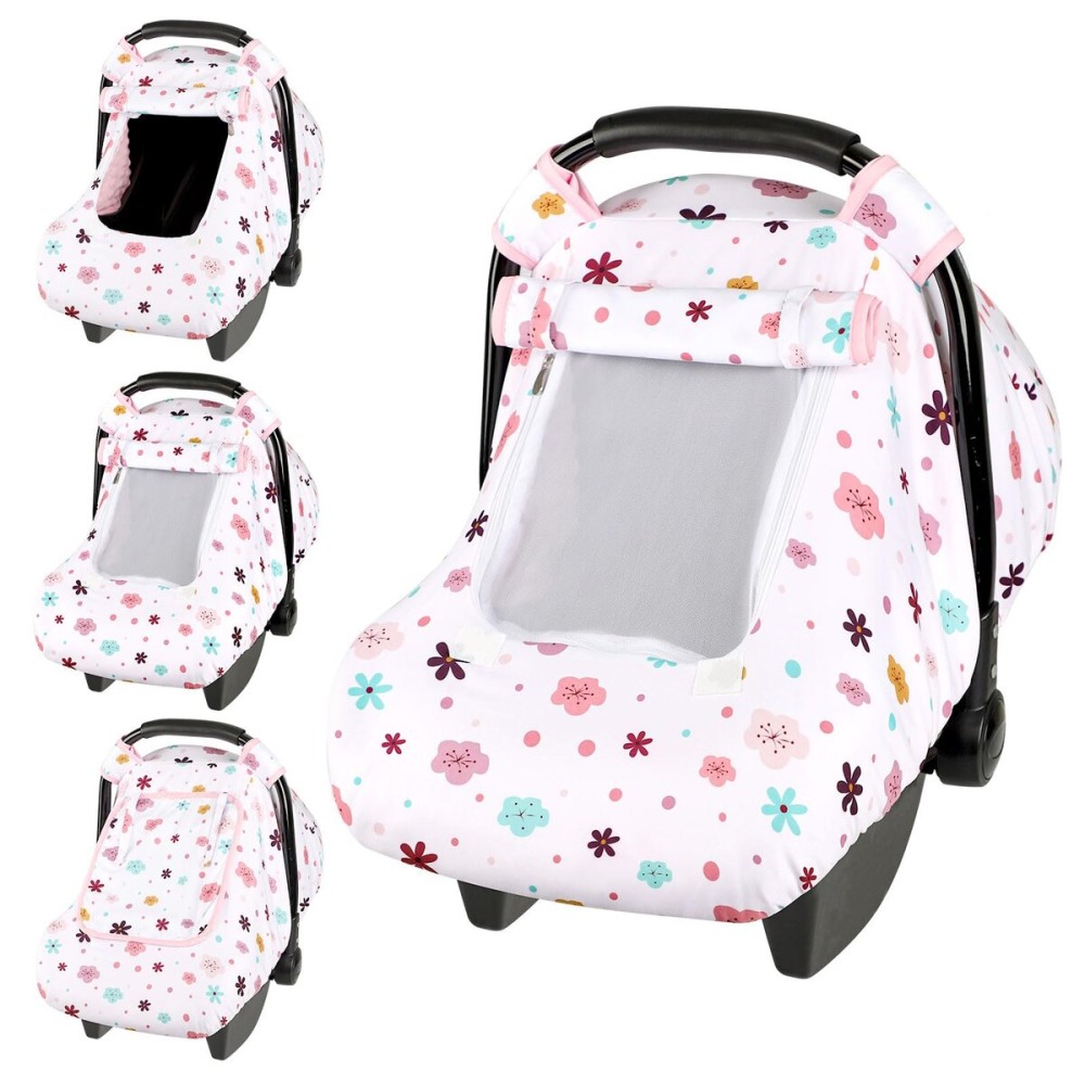 Pea Pod Car Seat Cover Baby, Infant Car Seat Canopy Covers with 2 Layers Windows of Breathable Mesh Fabric, Lightweight Polyester, Soft Minky Dot Backing (Floral Pattern)