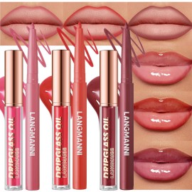 6pcs Hydrating Lip Oils + Lip Liner Pencil Lip Combo Sets, 24H Long-Lasting Lip Kit with Lip Liner and Gloss, Nourishing, Non-Sticky Tinted Stain Lip Gloss Plumping Lip Oil Set for Women(Set B)