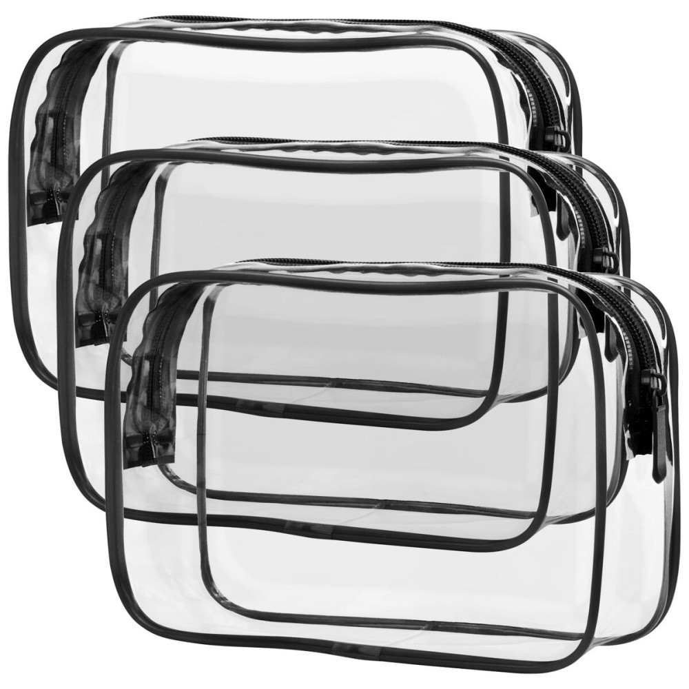 F-color Clear Makeup Bag - 3 Pack Clear Travel Bags for Toiletries for Women, Cosmetic Bags Carry on Toiletry Travel Essentials, Black Large(for age 12 or above)