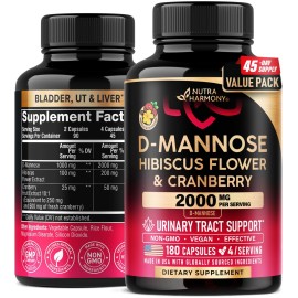 D-Mannose 2000mg with Cranberry & Hibiscus - Clinically Tested Strength for Urinary Tract Health - Supplement for Women - Bladder, Liver & Microflora Support - Made in USA - Vegan, 180 Capsules