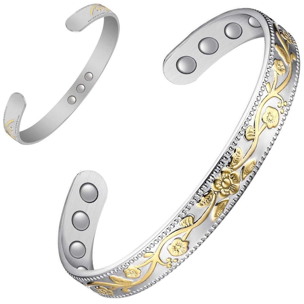 Feraco Copper Bracelet for Women, Ultra Strength Magnetic Bracelets, 99.99% Pure Copper Cuff Bangle with 3500 Gauss Neodymium Magnets, Adjustable (Silver & Gold)