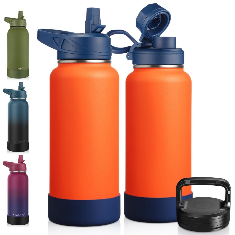 CIVAGO 32 oz Insulated Water Bottle With Straw, Stainless Steel Sports Water Cup Flask with 3 Lids (Straw, Spout and Handle Lid), Wide Mouth Travel Thermal Mug, Tigerlily
