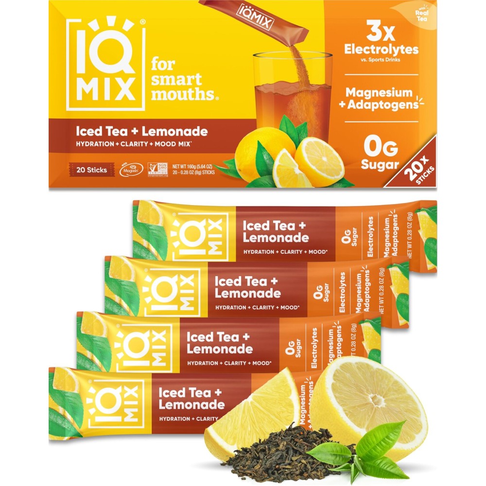 IQMIX Hydration Electrolyte Powder - 4-in-1 Formula for Hydration, Mental Clarity, Mood and Recovery - Sugar-Free Drink Mix, Keto, Magnesium L-Threonate, Lions Mane - 20 Count New Iced Tea Lemonade