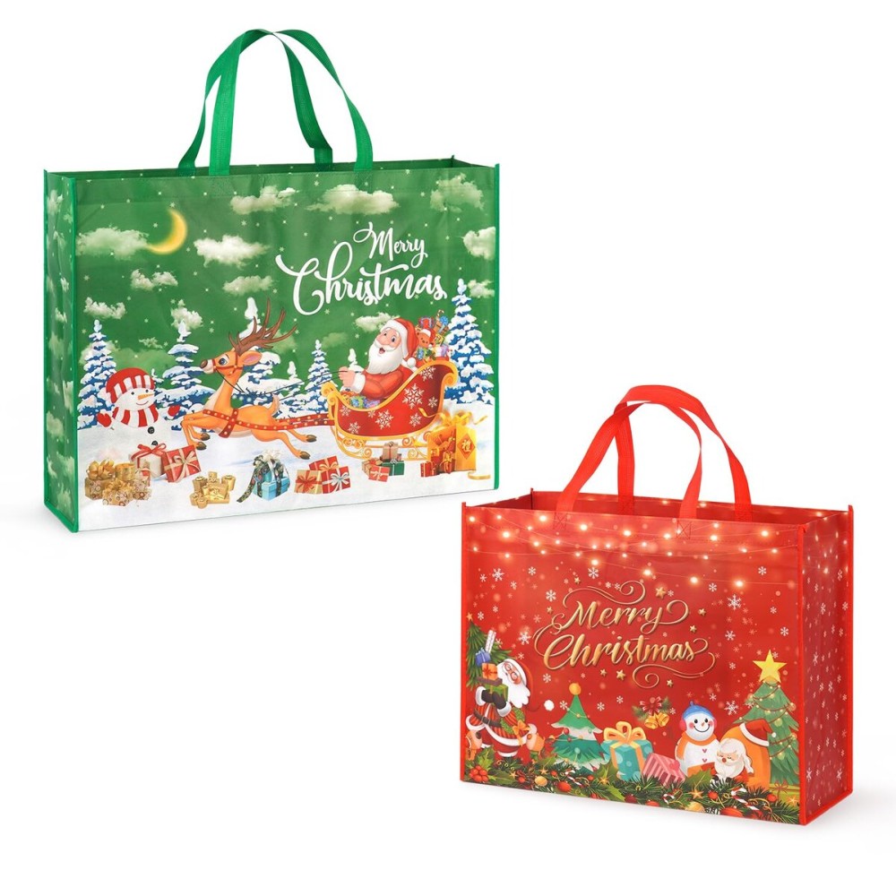 PARSUP 2PCS Giant Christmas Gift Bags, Assorted Szies, Heavy Duty Treat Tote Grocery Bags with Handles, Sewing Non-Woven Jumbo Bags for Gifts Wrapping Shopping, Xmas Party Supplies