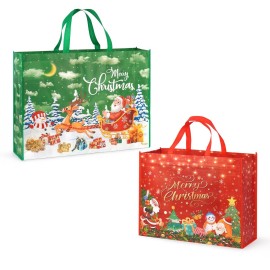 PARSUP 2PCS Giant Christmas Gift Bags, Assorted Szies, Heavy Duty Treat Tote Grocery Bags with Handles, Sewing Non-Woven Jumbo Bags for Gifts Wrapping Shopping, Xmas Party Supplies