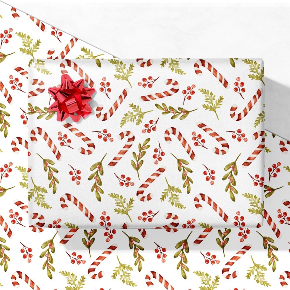 GIOLNIAY Green Christmas Wrapping Paper for Kids Adults - Holiday Gift Wrap Candy Cane with Greenery and Berries on White - 4 Jumbo Sheets, 28 x 40 Each (31 sq. ft ttl), Easy to Store