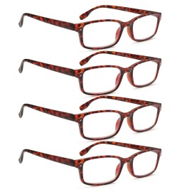 Kerecsen 4 Pack Reading Glasses for Men and Women with Spring Hinges, Lightweight Black Rectangular Readers Eyeglasses (4 Tortoise, 6.00, x)