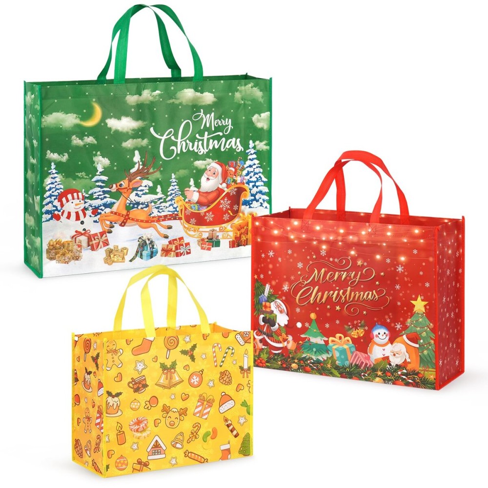 PARSUP 3PCS Giant Christmas Gift Bags, Assorted Szies, Heavy Duty Treat Tote Grocery Bags with Handles, Sewing Non-Woven Jumbo Bags for Gifts Wrapping Shopping, Xmas Party Supplies