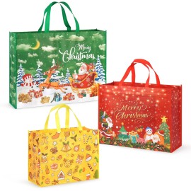 PARSUP 3PCS Giant Christmas Gift Bags, Assorted Szies, Heavy Duty Treat Tote Grocery Bags with Handles, Sewing Non-Woven Jumbo Bags for Gifts Wrapping Shopping, Xmas Party Supplies