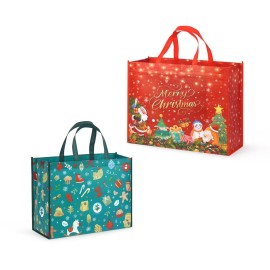 Aviski 2PCS Giant Christmas Gift Bags, Assorted Sizes, Heavy Duty Treat Tote Grocery Bags with Handles, Sewing Non-Woven Jumbo Bags for Gifts Wrapping Shopping, Xmas Party Supplies