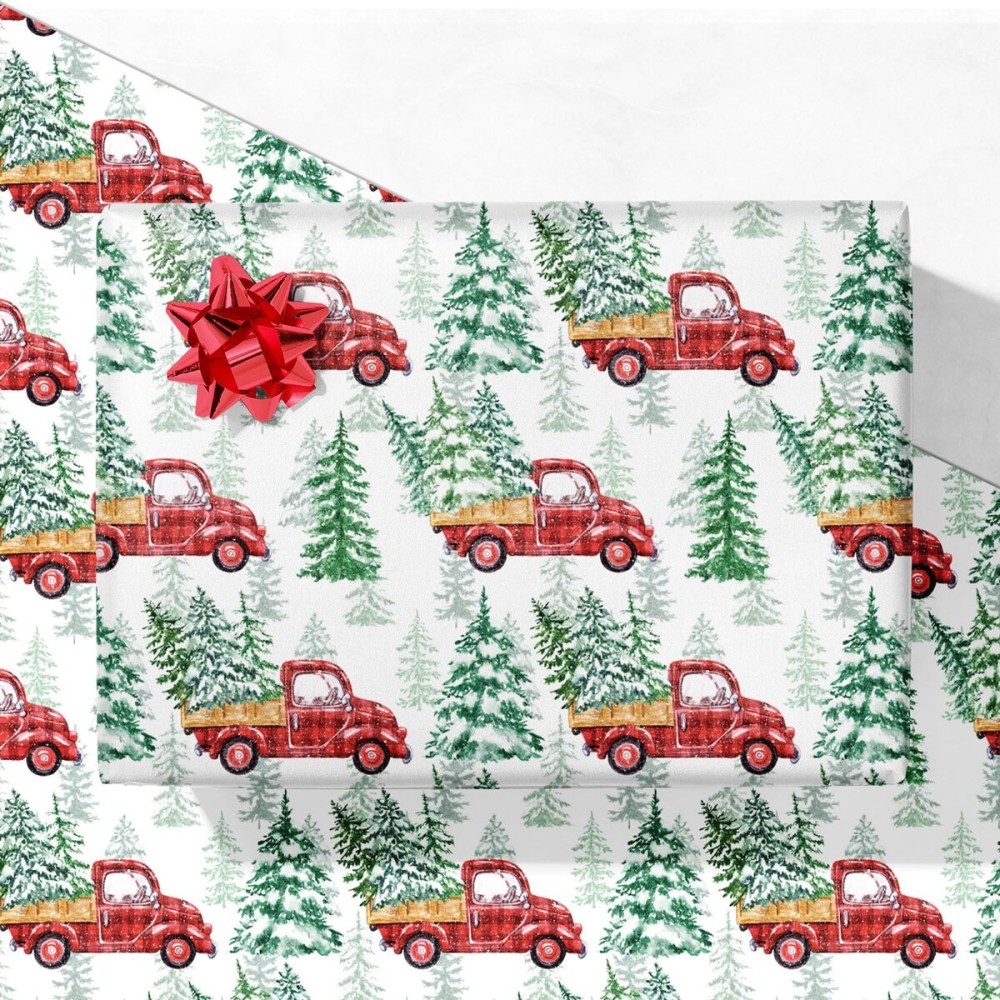 GIOLNIAY Red Truck Christmas Wrapping Paper for Kids Adults - Rustic Holiday Gift Wrap with Farmhouse Trees and Winter Forest Design - 4 Jumbo Sheets, 28 x 40 Each (31 sq. ft ttl), Easy to Store