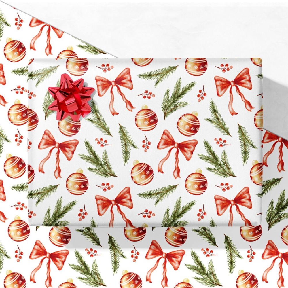 GIOLNIAY Red Bows Christmas Wrapping Paper for Men Women Kids - Holiday Gift Wrap with Pine Branches & Berries on White - 4 Jumbo Sheets, 28 x 40 Each (31 sq. ft ttl), Easy to Store