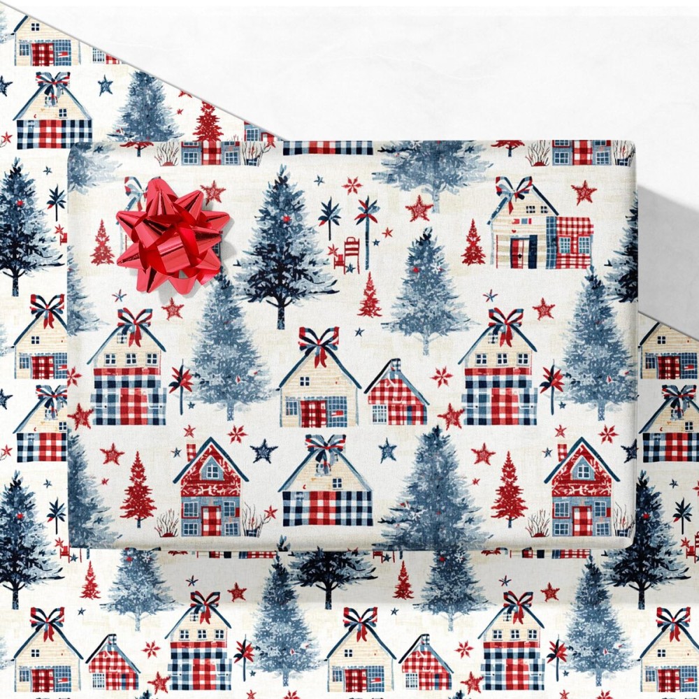 GIOLNIAY Rustic Christmas Wrapping Paper for Kids Adults - Vintage Holiday Gift Wrap with Plaid Farmhouse, Stars, and Pine Trees - 4 Jumbo Sheets, 28 x 40 Each (31 sq. ft ttl), Easy to Store