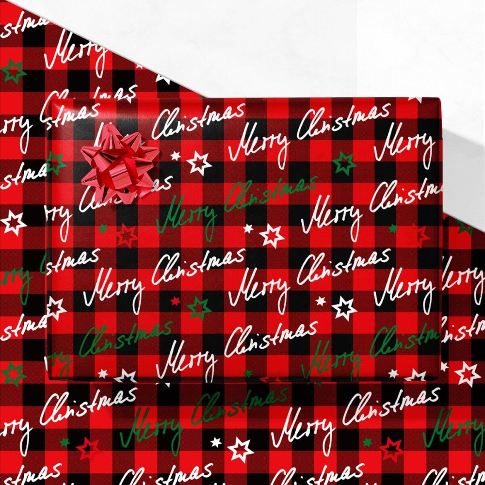 GIOLNIAY Merry Christmas Wrapping Paper for Kids Adults - Holiday Gift Wrap in Red & Black Buffalo Plaid with Handwritten Script and Stars - 4 Jumbo Sheets, 2840 Each, Easy to Store