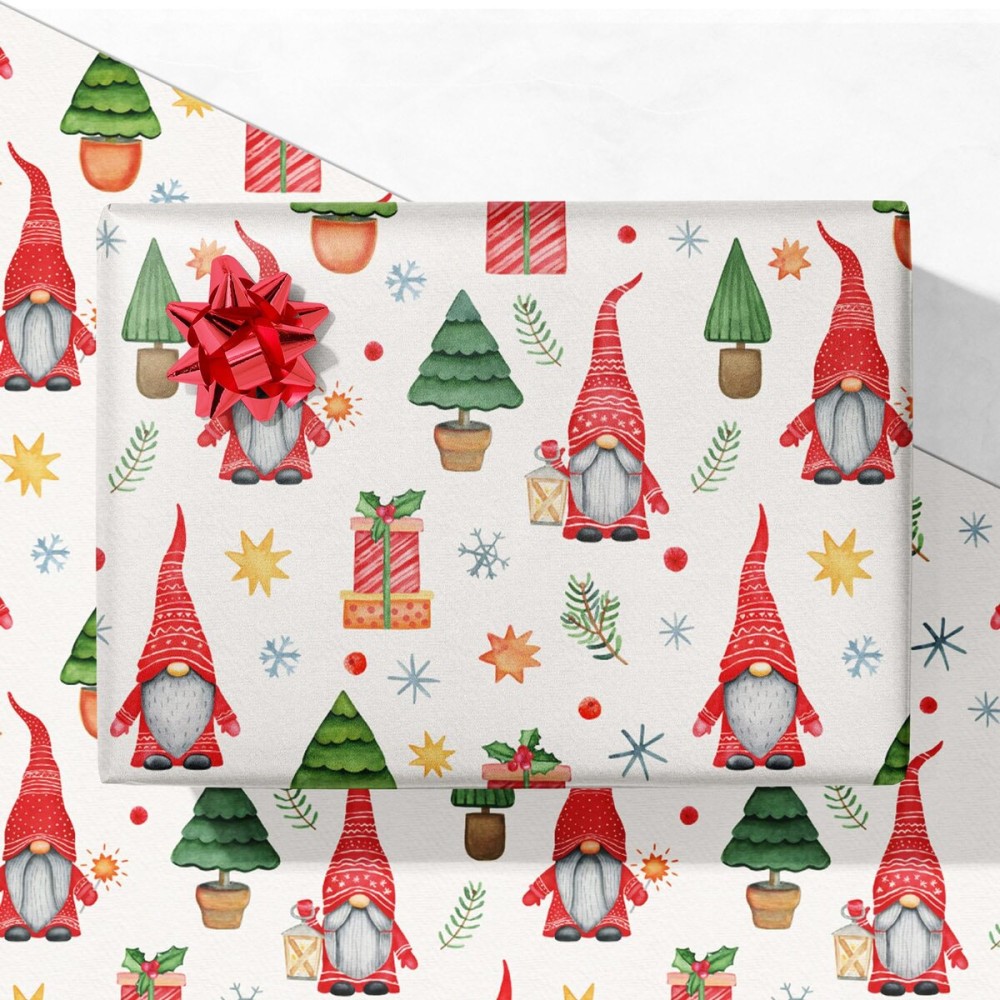 GIOLNIAY Christmas Gnome Wrapping Paper for Kids - Holiday Gift Wrap with Trees, Presents & Snowflakes on White - 4 Jumbo Sheets, 28 x 40 Each (31 sq. ft ttl), Easy to Store