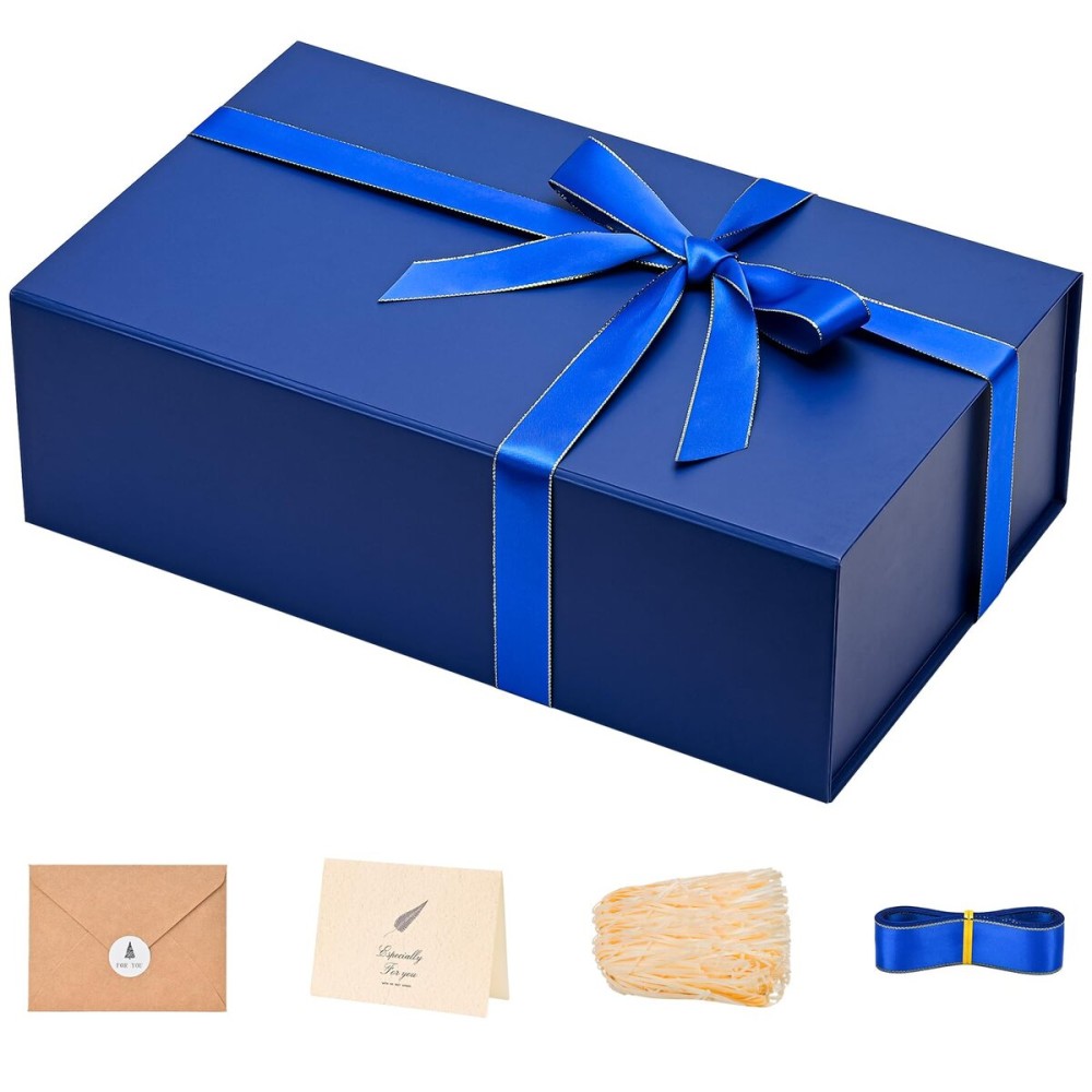 LIFELUM Navy Blue Birthday Gift Box for Men 13.8 x 8.3 x 4.4 inch, Groomsmen Proposal Gift Box for Presents with Lids Ribbon,Card,Shredded Paper Filler