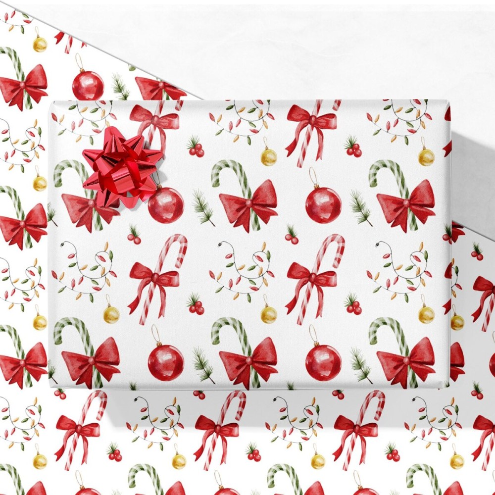 GIOLNIAY Candy Canes Christmas Wrapping Paper for Kids Adults - Holiday Gift Wrap Red Bows, Candy Canes & Ornaments - 4 Jumbo Sheets, 28 x 40 Each (31 sq. ft ttl), Easy to Store
