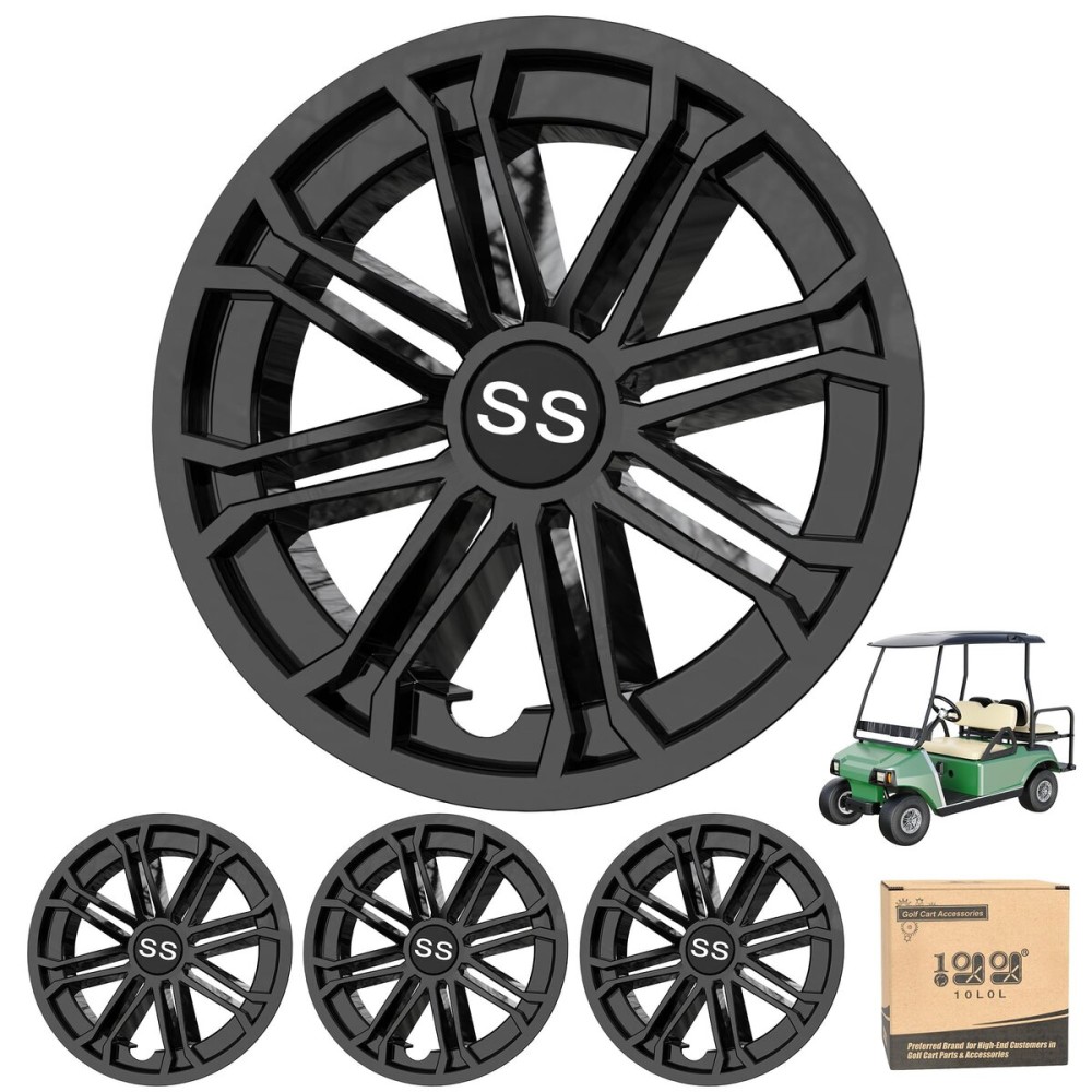 10L0L Golf Cart SS Wheel Covers Hub Caps for EZGO, Club Car, Yamaha - 8 Inch Snap-on Installation, New Black, Set of 4