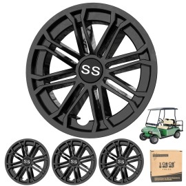 10L0L Golf Cart SS Wheel Covers Hub Caps for EZGO, Club Car, Yamaha - 8 Inch Snap-on Installation, New Black, Set of 4