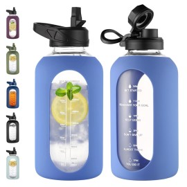 CIVAGO 32 oz Glass Water Bottle with Straw and Handle, Large Sports Motivational Water Bottle Flask with Time Marker and 2 Lids, Leakproof Water Jug Canteen with Silicone Sleeve for Gym, Wave Blue