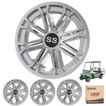 10L0L Golf Cart SS Wheel Covers Hub Caps for EZGO, Club Car, Yamaha - 8 Inch Snap-on Installation, New Chrome, Set of 4