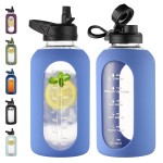CIVAGO 64 oz Glass Water Bottle Jug with Straw and Handle, Half Gallon Sports Motivational Water Bottle with Time Marker, Wide Mouth Water Flask Canteen with Silicone Sleeve for Gym, Wave Blue