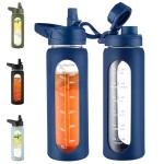 CIVAGO 24 oz Glass Water Bottle with Straw and Handle, Large Sports Motivational Water Bottle Flask with Time Marker and 2 Lids, Leakproof Jug Canteen with Silicone Sleeve for Gym, Navy Blue