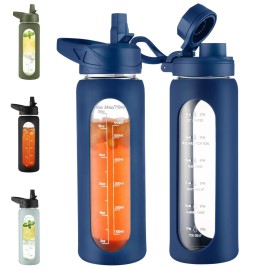 CIVAGO 24 oz Glass Water Bottle with Straw and Handle, Large Sports Motivational Water Bottle Flask with Time Marker and 2 Lids, Leakproof Jug Canteen with Silicone Sleeve for Gym, Navy Blue