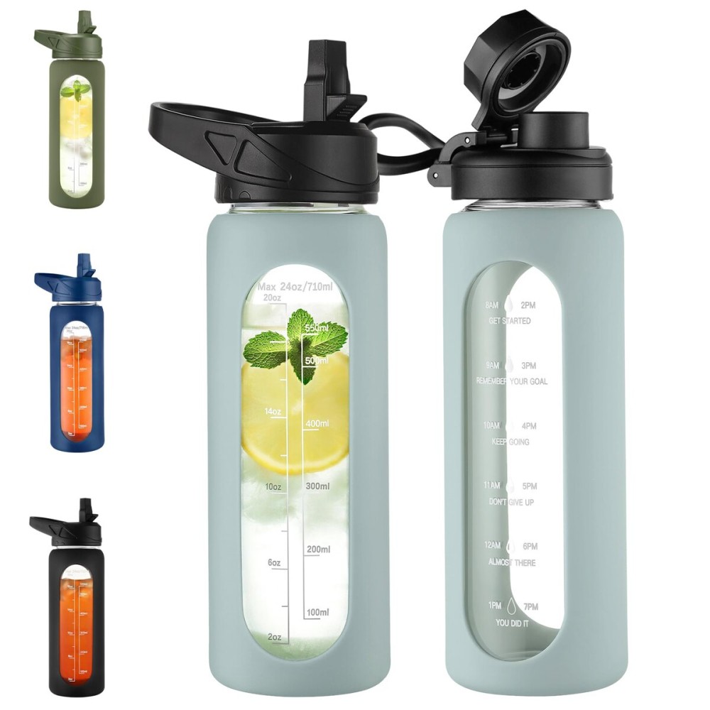 CIVAGO 24 oz Glass Water Bottle with Straw and Handle, Large Sports Motivational Water Bottle Flask with Time Marker and 2 Lids, Leakproof Jug Canteen with Silicone Sleeve for Gym, Sage