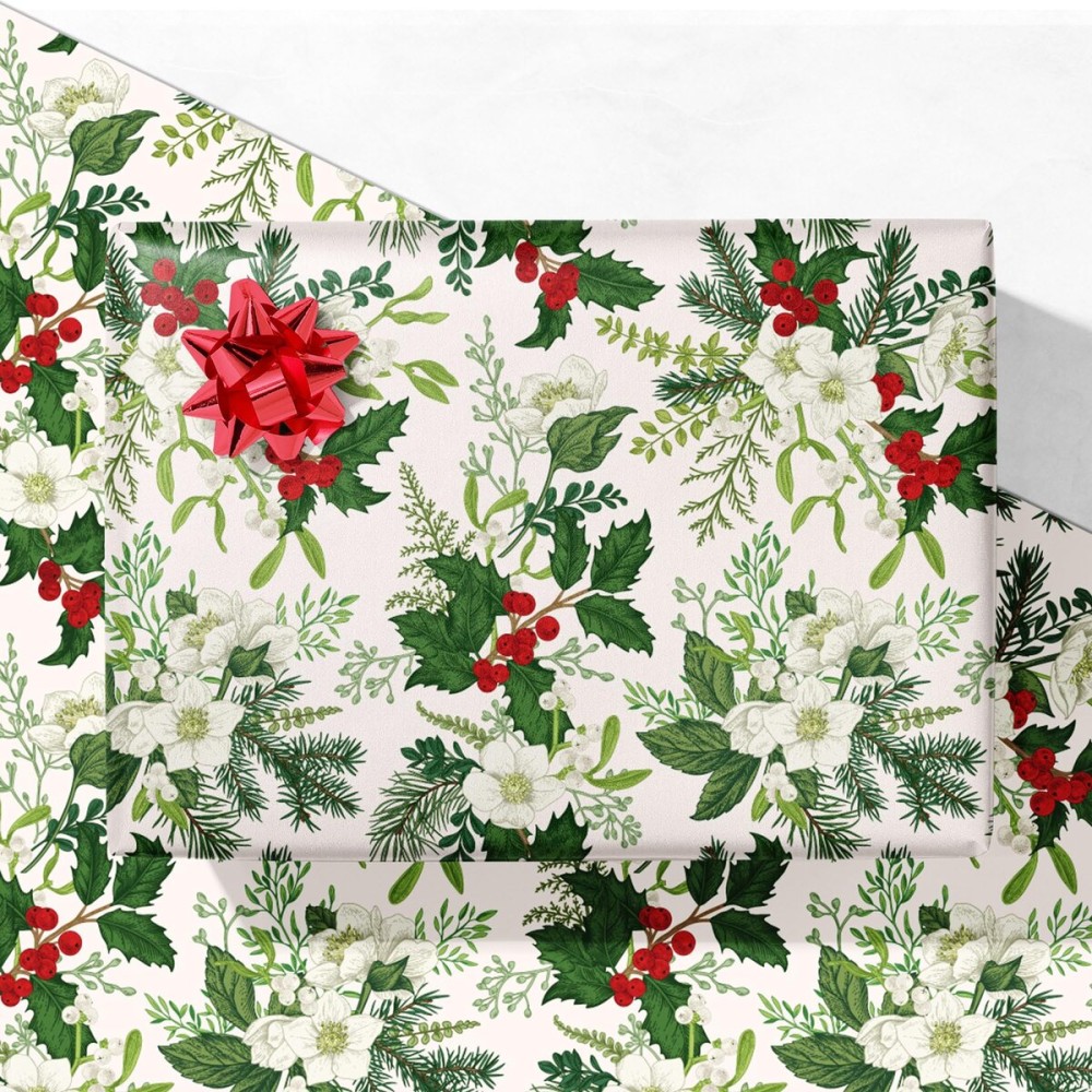 GIOLNIAY Winter Floral Christmas Wrapping Paper for Women Girls - Xmas Gift Wrap with White Hellebores, Holly & Red Berries - 4 Jumbo Sheets, 28 x 40 Each (31 sq. ft ttl), Easy to Store