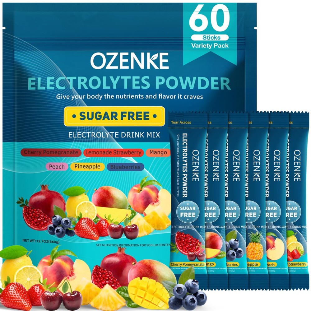 OZENKE 60 Sticks Sugar Free Hydration Packets, Electrolytes Powder Packets, Electrolyte Drink Mix Travel Electrolyte for Rapid Hydration, 6 Flavors