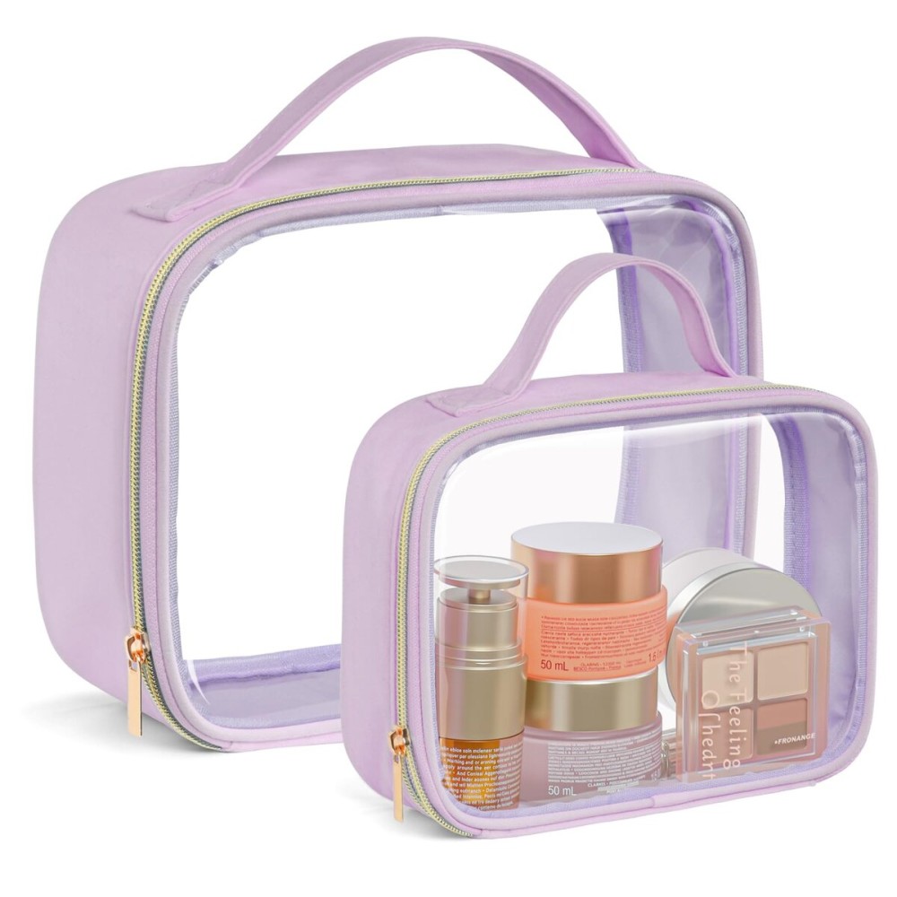 PACKISM Clear Makeup Bag 1 Large 1 Medium - 2 Pack TSA Approved Toiletry Bag with Handle and 180 Large Opening, Sturdy Clear Toiletry Bag Fit Carry-on, Travel Bags for Toiletries, Purple