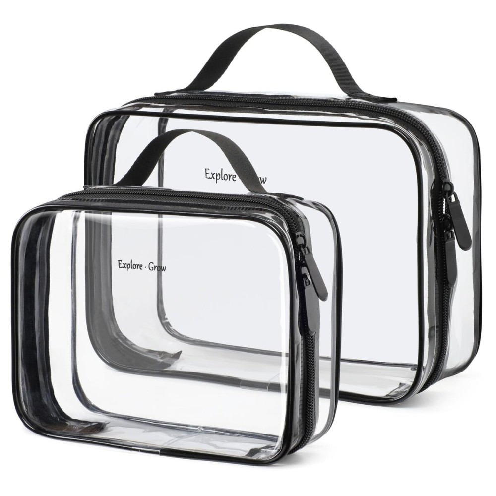PACKISM Clear Makeup Bag - 2 Pack TSA Approved Toiletry Bag with Handle Large Opening, Clear Toiletry Bag Travel Bags for Toiletries, 1 Medium TSA Quart Carry-On & 1 Large for Checked Luggage, Black