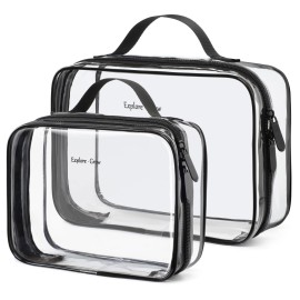 PACKISM Clear Makeup Bag - 2 Pack TSA Approved Toiletry Bag with Handle Large Opening, Clear Toiletry Bag Travel Bags for Toiletries, 1 Medium TSA Quart Carry-On & 1 Large for Checked Luggage, Black