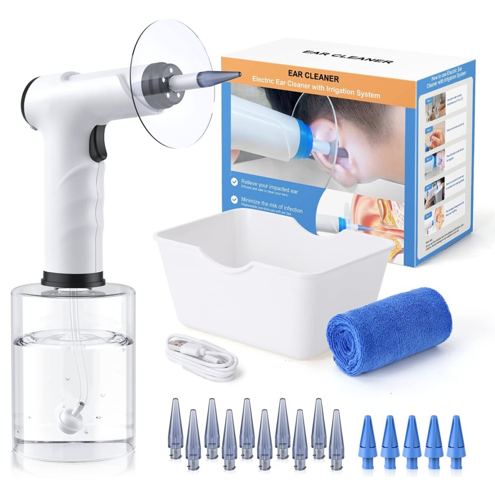 Ear Wax Removal, Electric Ear Cleaning Kit with Light, FSA-HSA-Eligible, Ear Irrigation Kit with 4 Pressure Modes, Safe and Effective Ear Flush Kit with Ear Cleaner - Includes Basin, Towel & 15 Tips