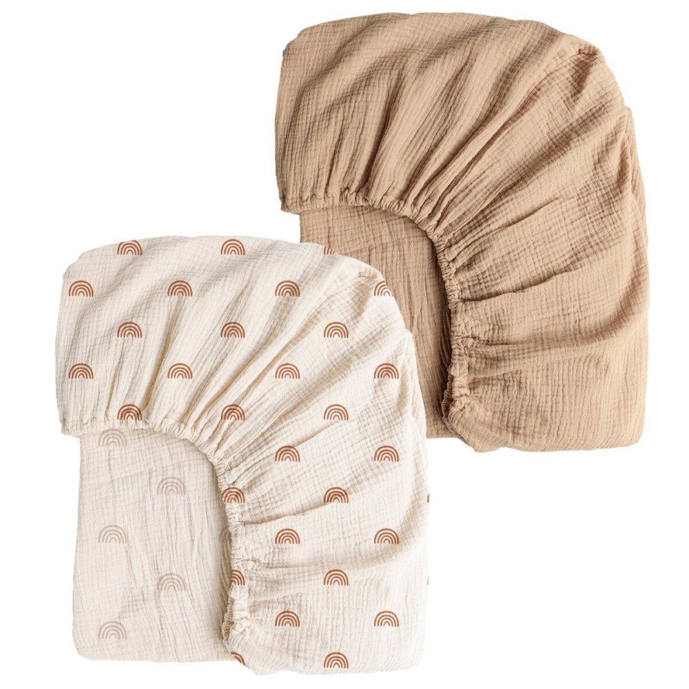 Konssy Muslin Crib Sheets for Girl Boy, 2 PCS Soft and Breathable Cotton Baby Sheets for Standard Crib Mattress, 52x 28 (Camel, Rainbow)