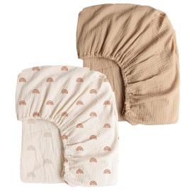 Konssy Muslin Crib Sheets for Girl Boy, 2 PCS Soft and Breathable Cotton Baby Sheets for Standard Crib Mattress, 52x 28 (Camel, Rainbow)