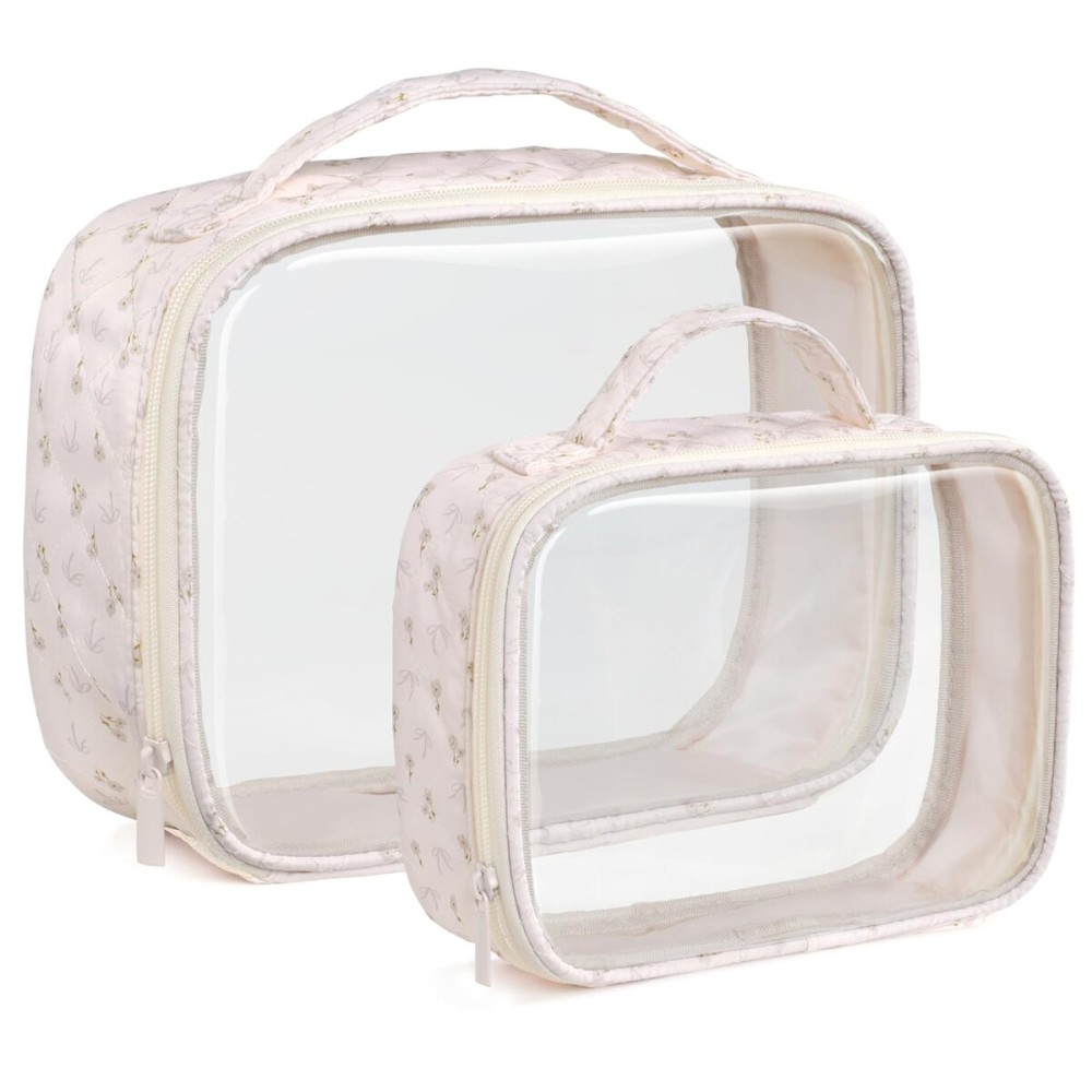 PACKISM Clear Makeup Bag 1 Large 1 Medium - 2 Pack TSA Approved Toiletry Bag with Handle and 180 Large Opening, Sturdy Clear Toiletry Bag Fit Carry-on, Travel Bags for Toiletries, Pink Ditsy Floral