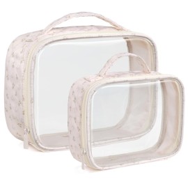 PACKISM Clear Makeup Bag 1 Large 1 Medium - 2 Pack TSA Approved Toiletry Bag with Handle and 180 Large Opening, Sturdy Clear Toiletry Bag Fit Carry-on, Travel Bags for Toiletries, Pink Ditsy Floral